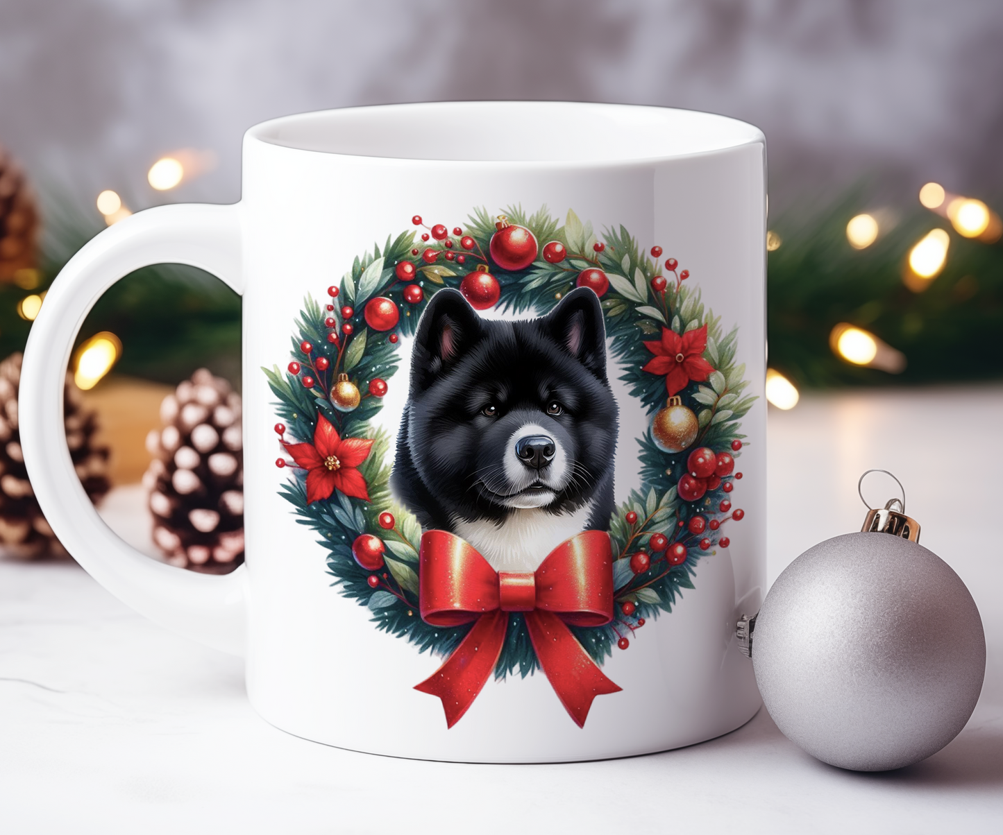 Personalised Akita Dog Christmas Wreath Gift Mug
