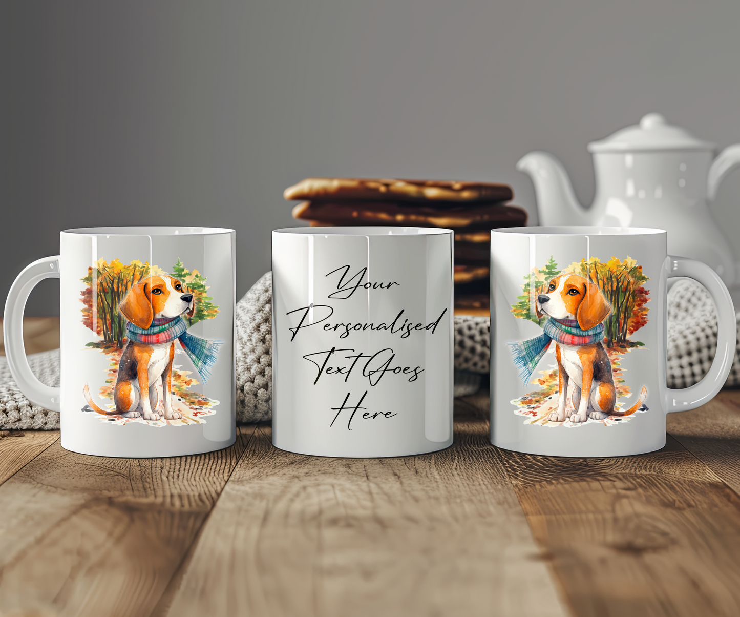 Personalised Beagle Pet Dog Gift Mug wearing an Autumn scarf on a walk, by Floppsie Moppsie – floppsiemoppsie at floppsiemoppsie.co.uk