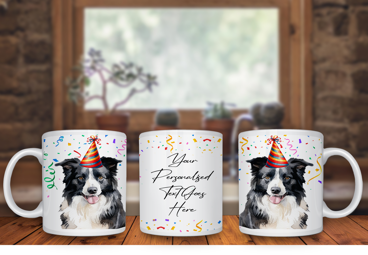Personalised Dog Gift Mug - Border Collie with Birthday Congratulations Party Hat