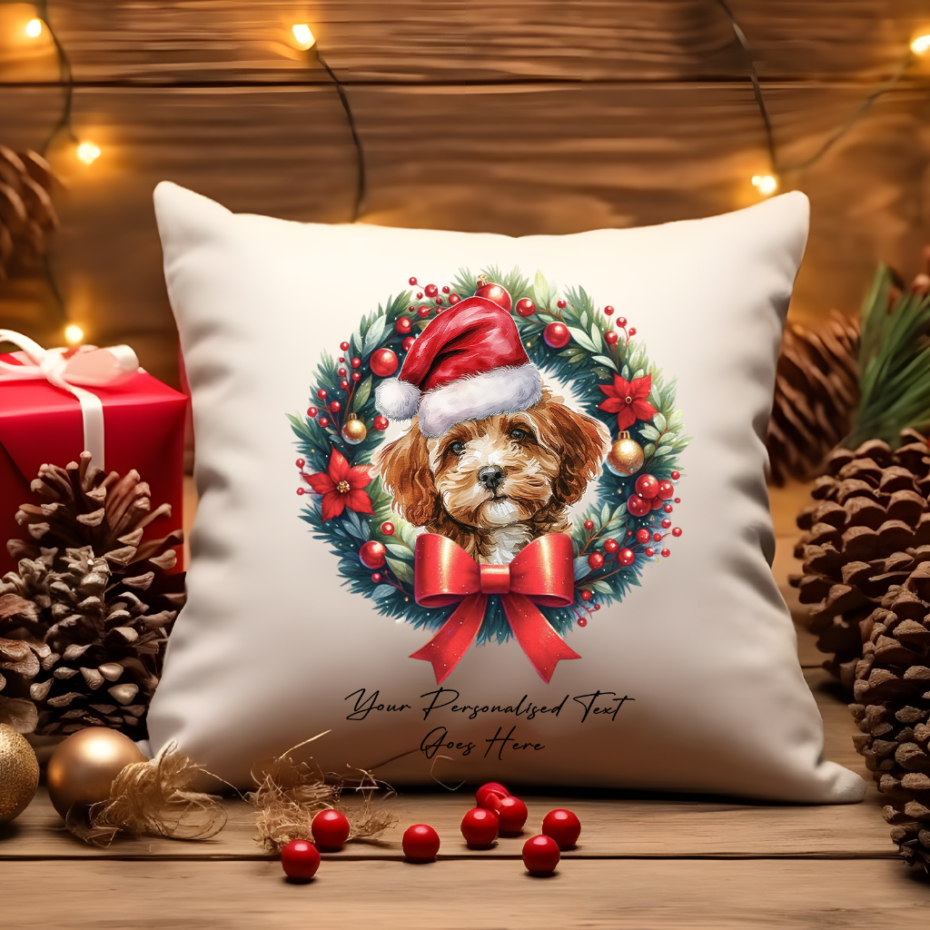 Personalised Cavapoo with Santa Hat in a Christmas wreath - Keepsake Gift cushion, by Floppsie Moppsie – floppsiemoppsie at floppsiemoppsie.co.uk