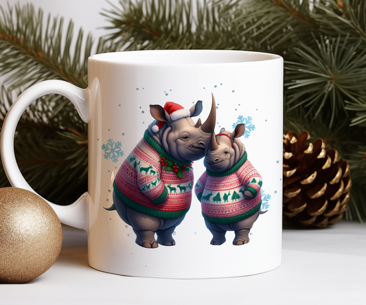 Personalised Christmas Rhino Couple Gift Mug - Style A