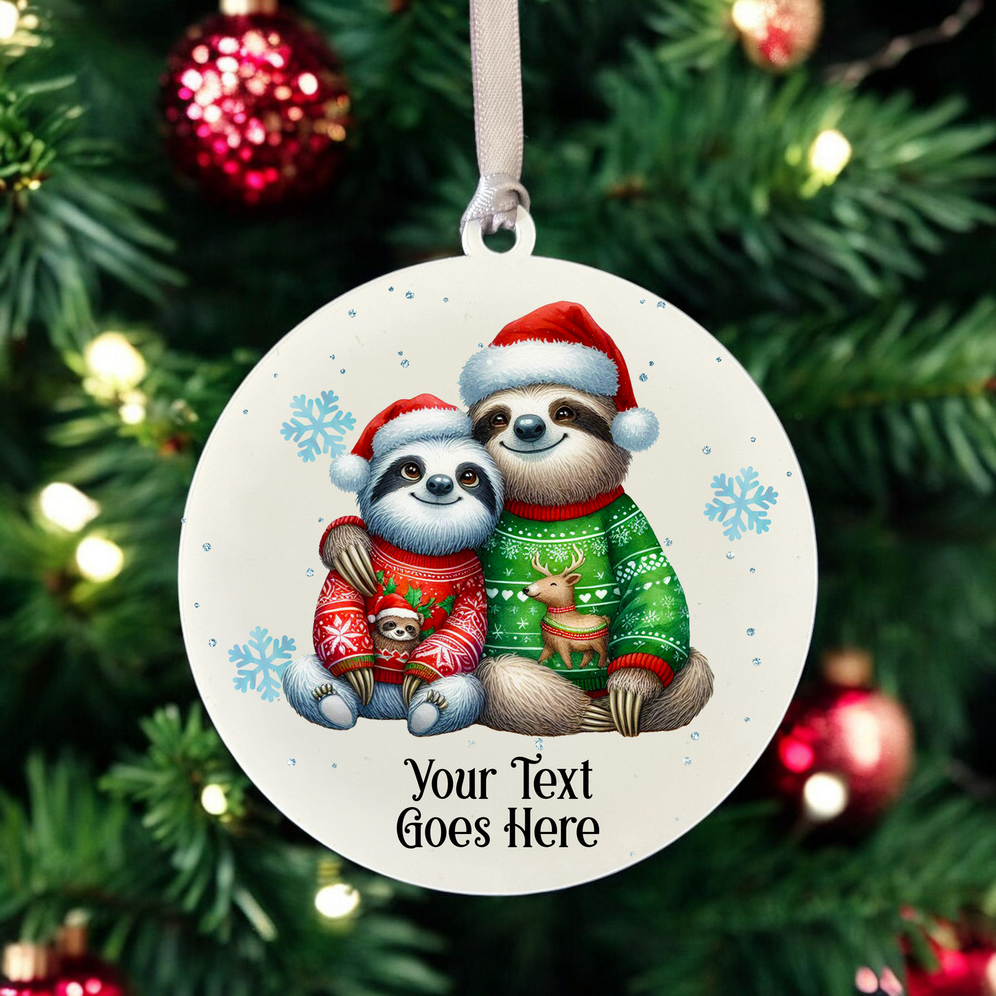 Personalised Christmas Sloth Couple - Hanging Bauble Decoration - Style A