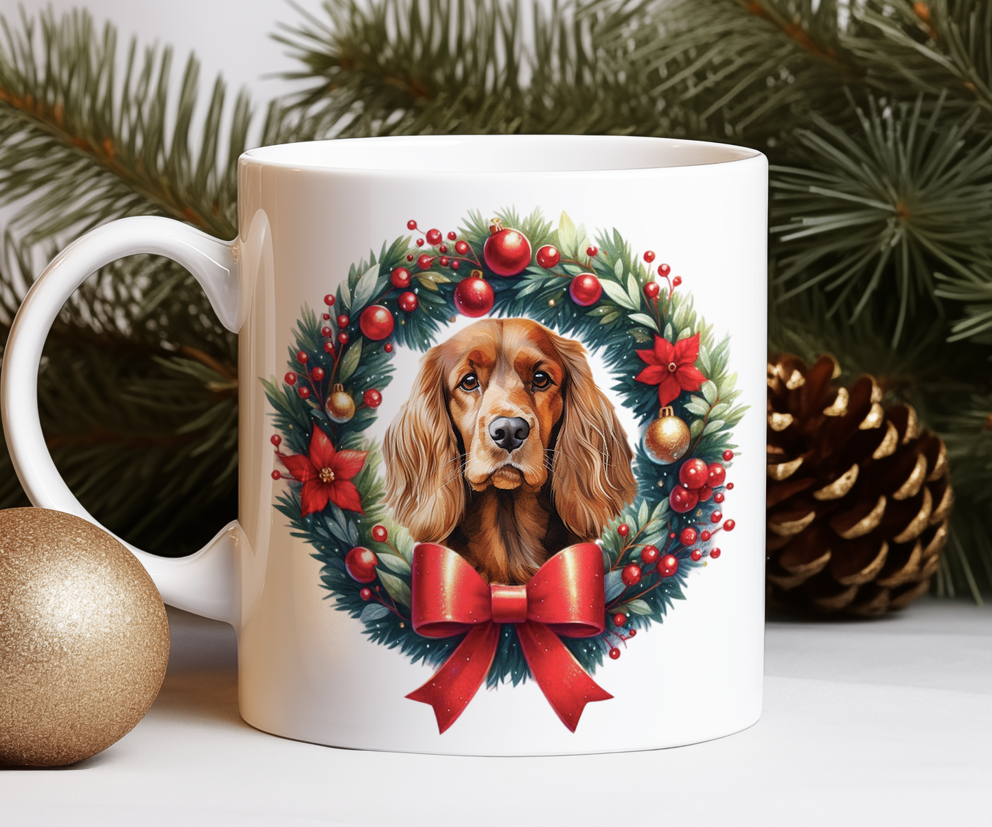 Personalised Cocker Spaniel Dog Christmas Wreath Gift Mug