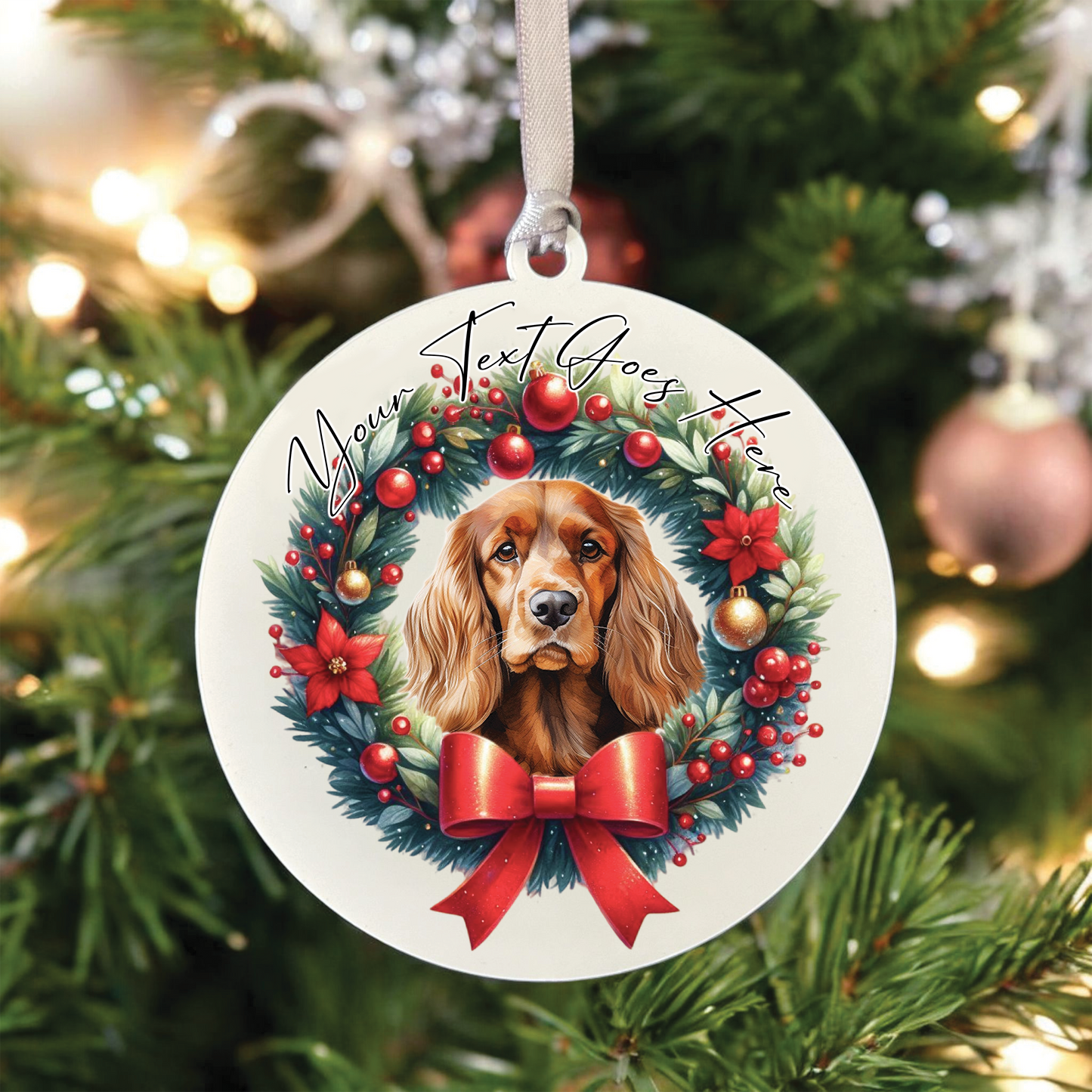 Personalised Cocker Spaniel Dog Christmas Wreath - Hanging Bauble Decoration