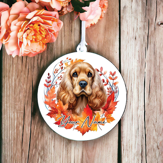 Personalised Dog Cocker Spaniel in an autumn wreath - Keepsake Gift Hanging Decoration, by Floppsie Moppsie – floppsiemoppsie at floppsiemoppsie.co.uk