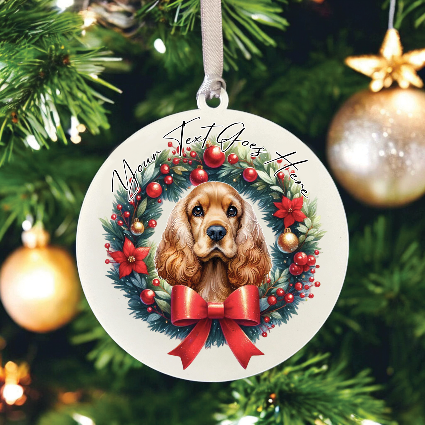 Personalised Cocker Spaniel Dog Christmas Wreath - Hanging Bauble Decoration - Style B