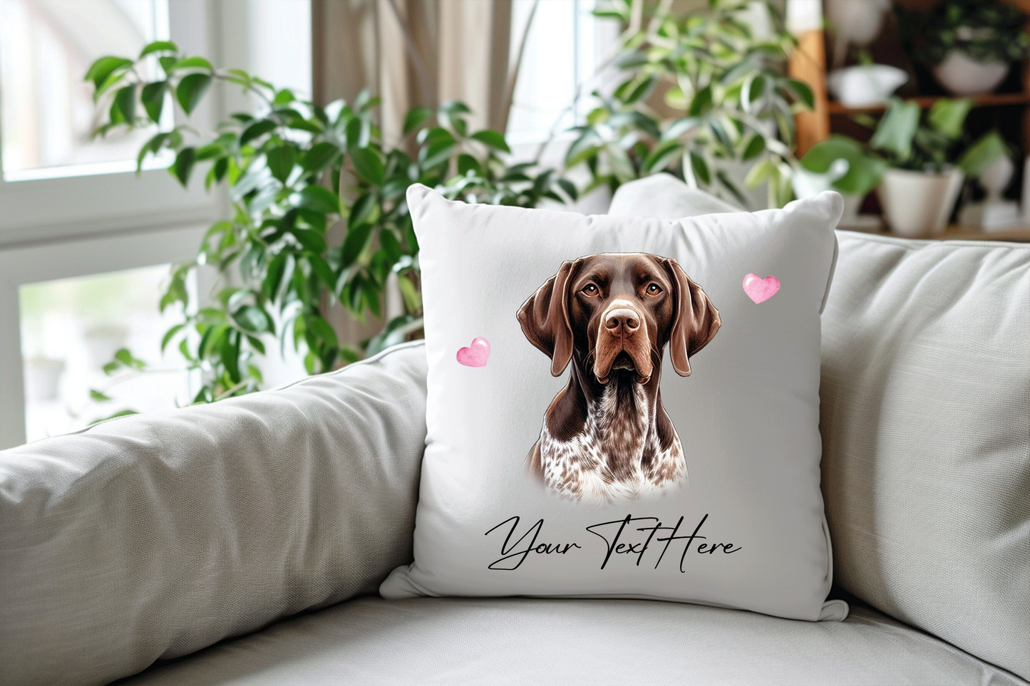 Personalised Liver and Tan German Shorthaired Pointer Hearts Cushion Keepsake Gift