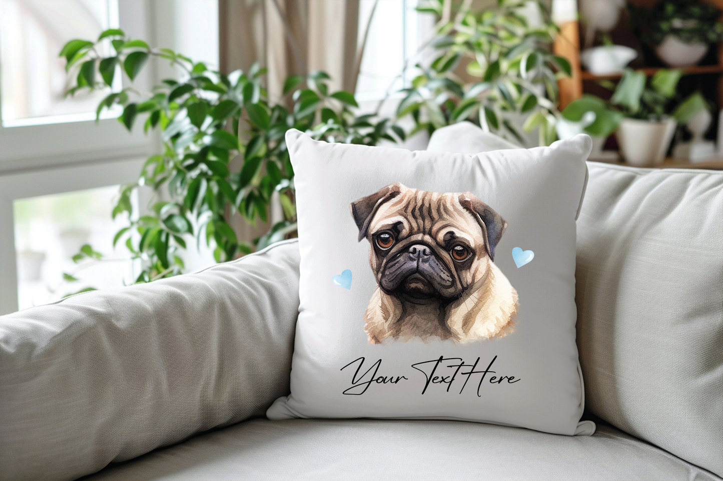 Personalised Pug Hearts Cushion Pet Keepsake Gift