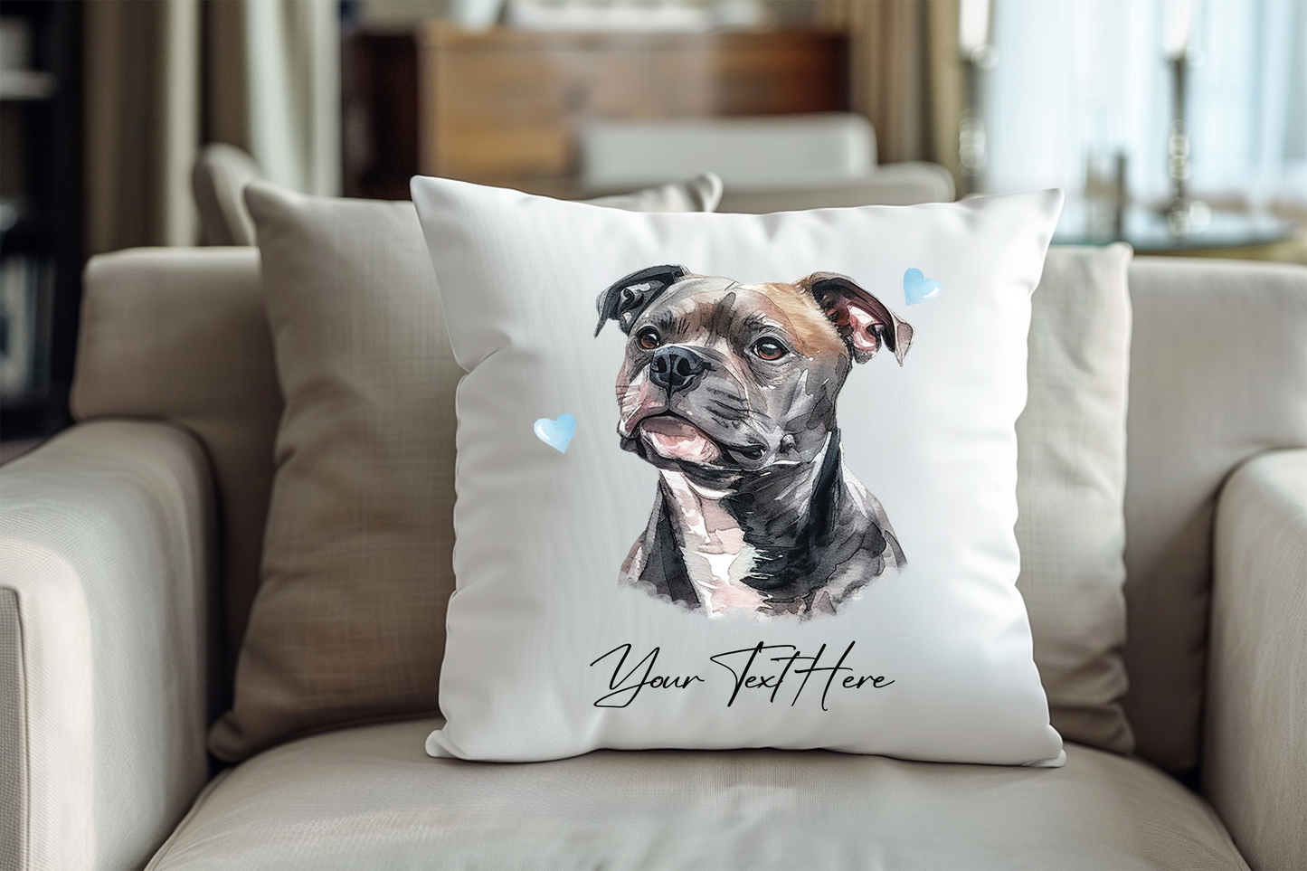 Personalised Staffordshire Bull Terrier Hearts Cushion Pet Keepsake Gift