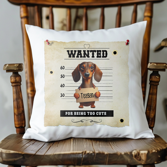 Personalised Dog WANTED Dachshund in a line-up - Keepsake Gift Cushion, by Floppsie Moppsie – floppsiemoppsie at floppsiemoppsie.co.uk