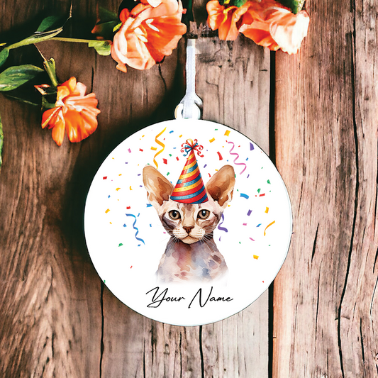 Personalised Devon Rex Cat Birthday Party Hat - Hanging Bauble Decoration