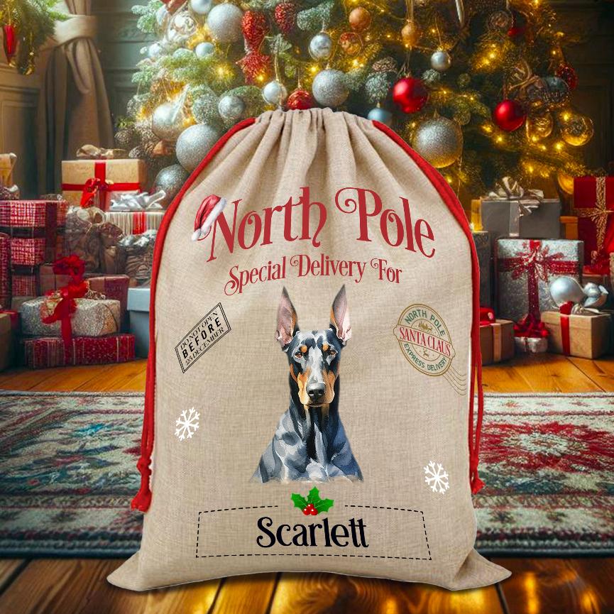 Personalised Dog Doberman – North Pole Special Delivery Santa Sack Pet Gift, by Floppsie Moppsie – floppsiemoppsie at floppsiemoppsie.co.uk