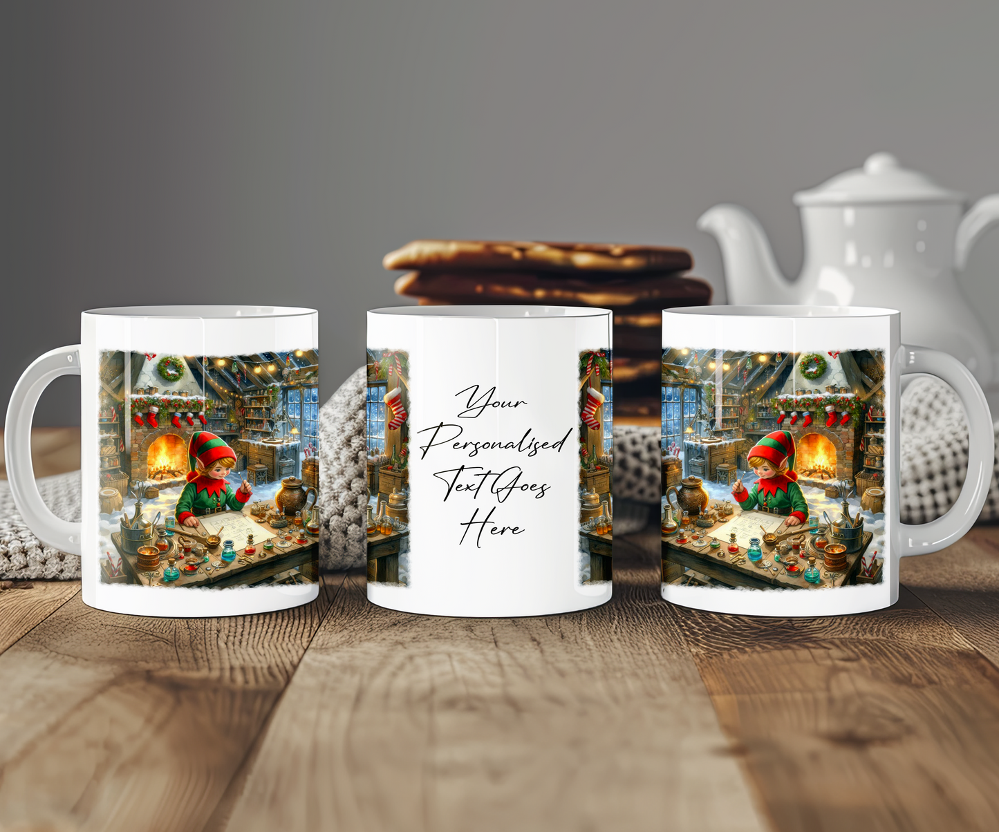 Personalised Christmas Elf in Workshop Gift Mug