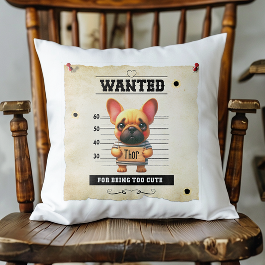 Personalised Dog WANTED French Bulldog in a line-up - Keepsake Gift Cushion, by Floppsie Moppsie – floppsiemoppsie at floppsiemoppsie.co.uk