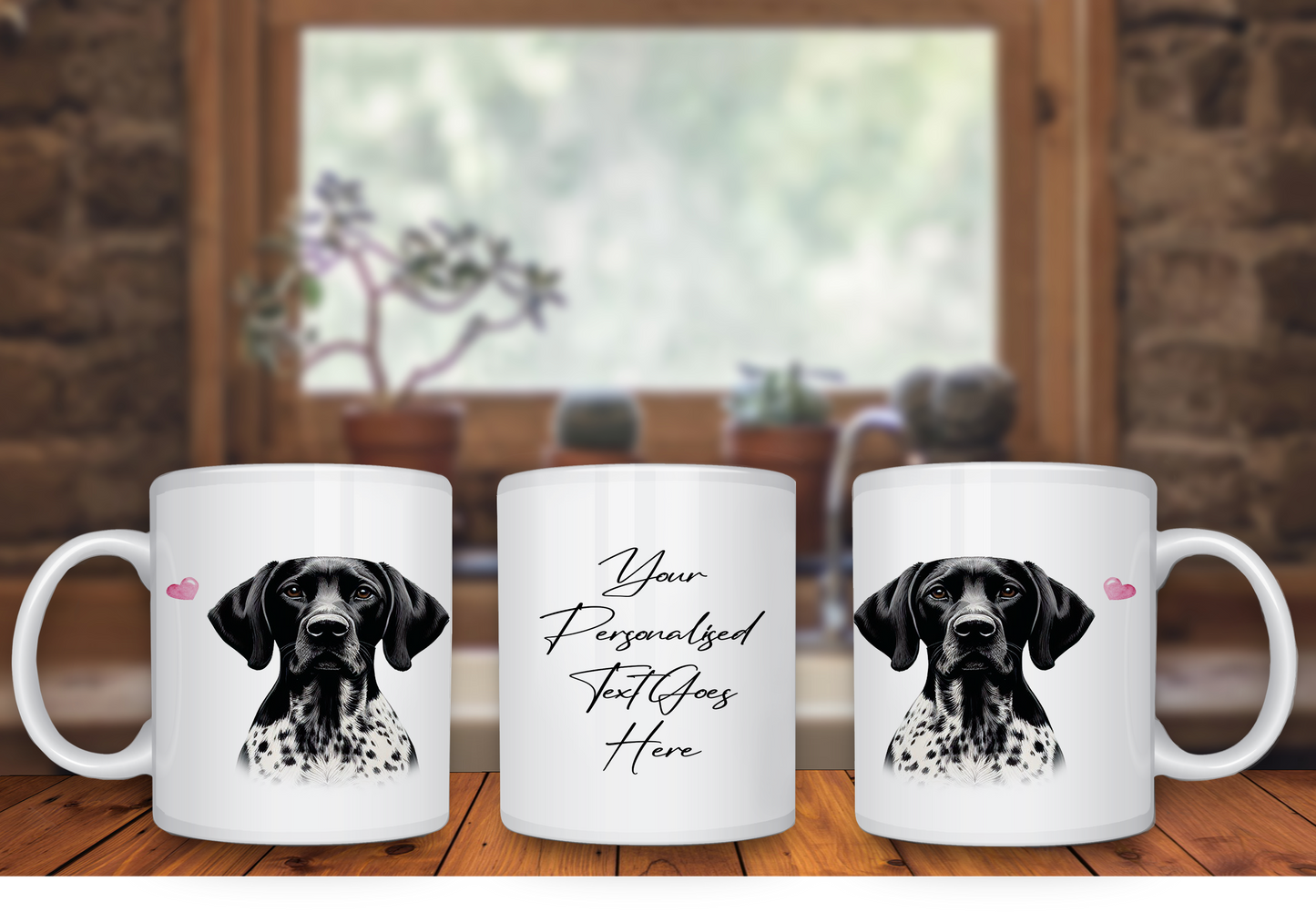 Personalised Dog Gift Mug - Black and White German Shorthaired Pointer with Custom Message and Optional Hearts