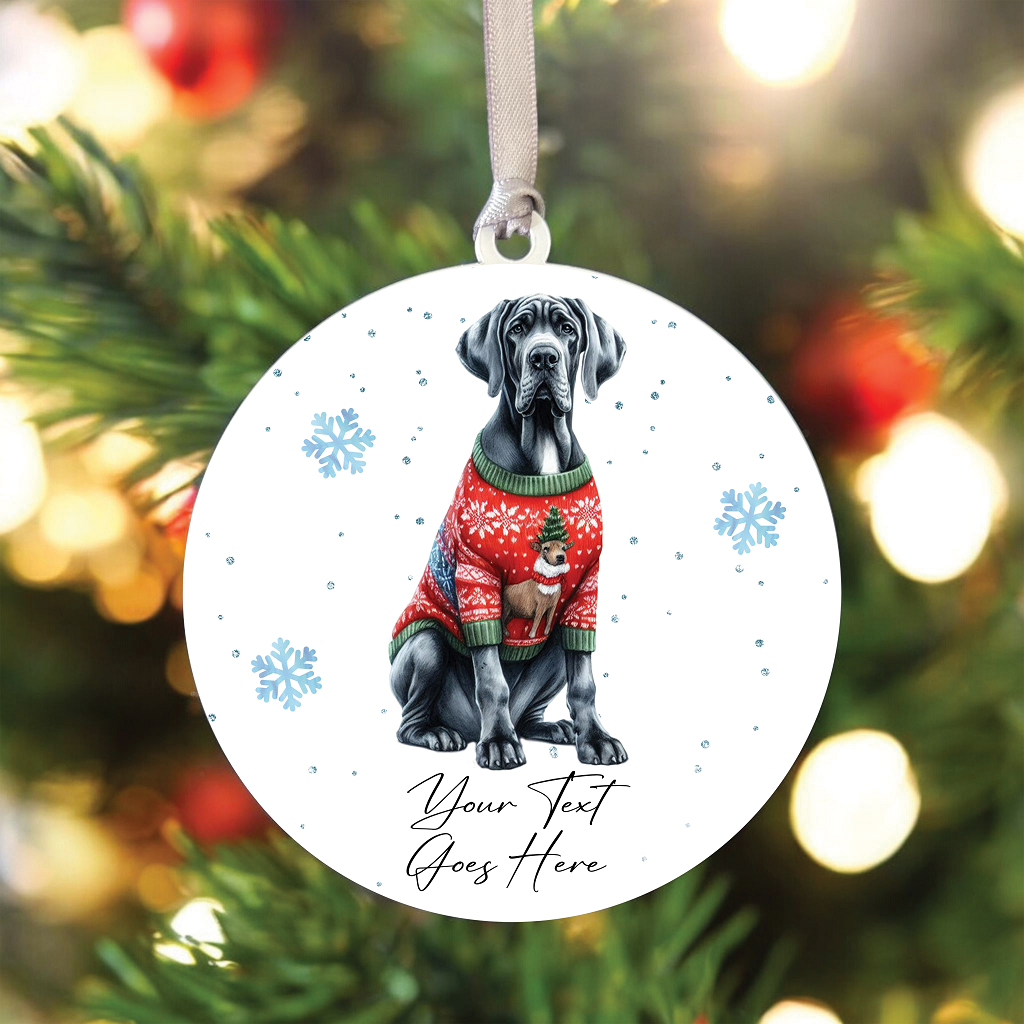 A Personalised Great Dane Jumper Dog Hanging Bauble Decoration