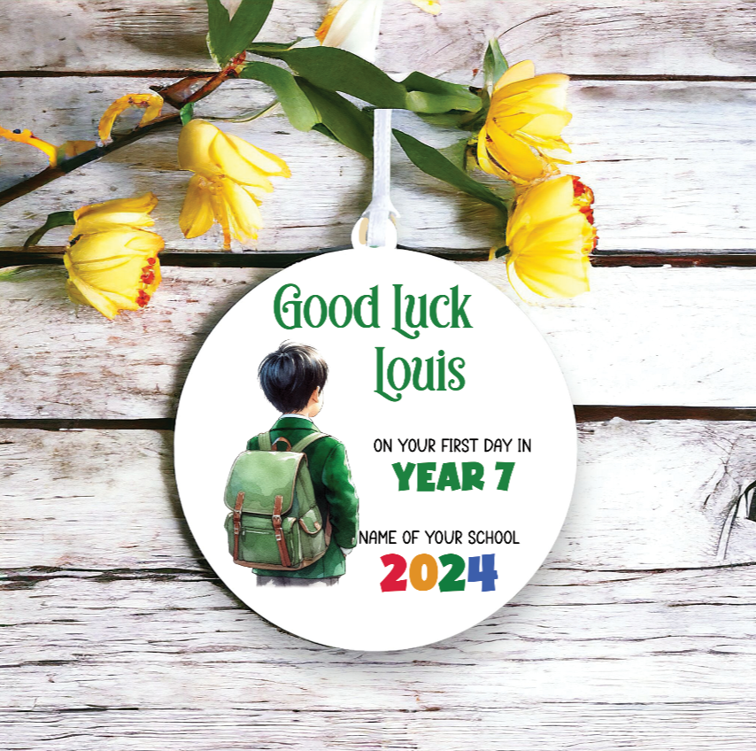 Personalised Back to School Good Luck Hanging Decoration with school child wearing backpack ready for first day of school - Keepsake Gift, by Floppsie Moppsie – floppsiemoppsie at floppsiemoppsie.co.uk