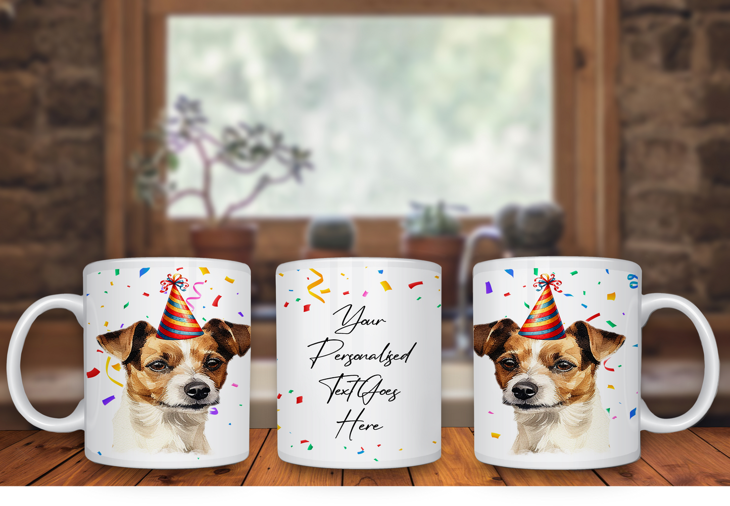 Personalised Dog Gift Mug - Jack Russell with Birthday Congratulations Party Hat