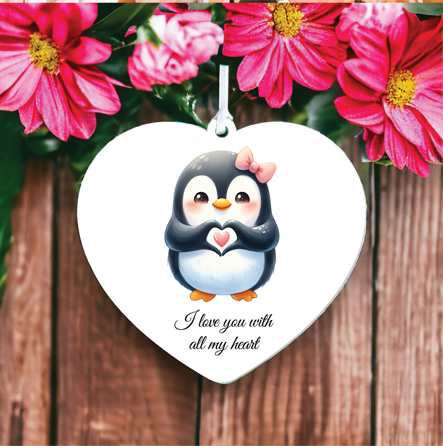 Personalised Cute Penguin Love Heart Hand Decoration