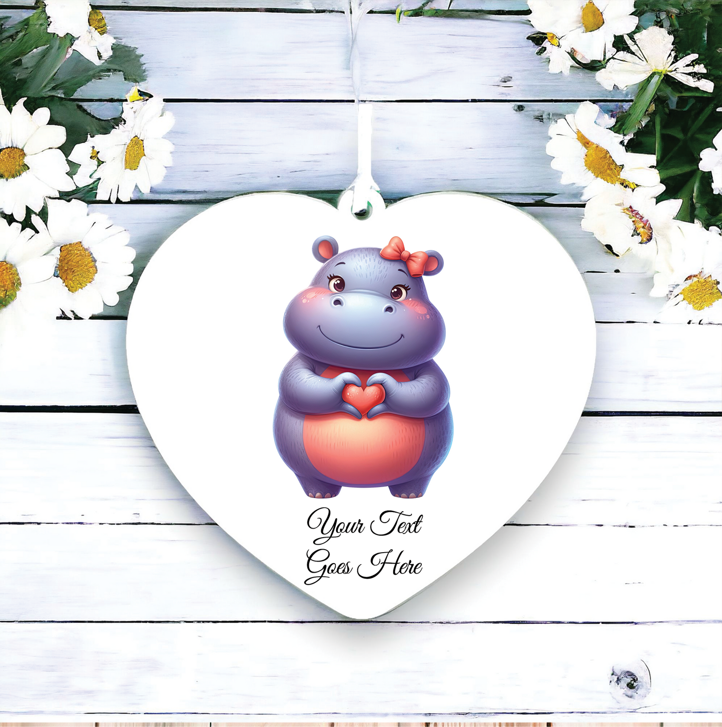 Personalised Cute Hippo Love Heart Hand Decoration