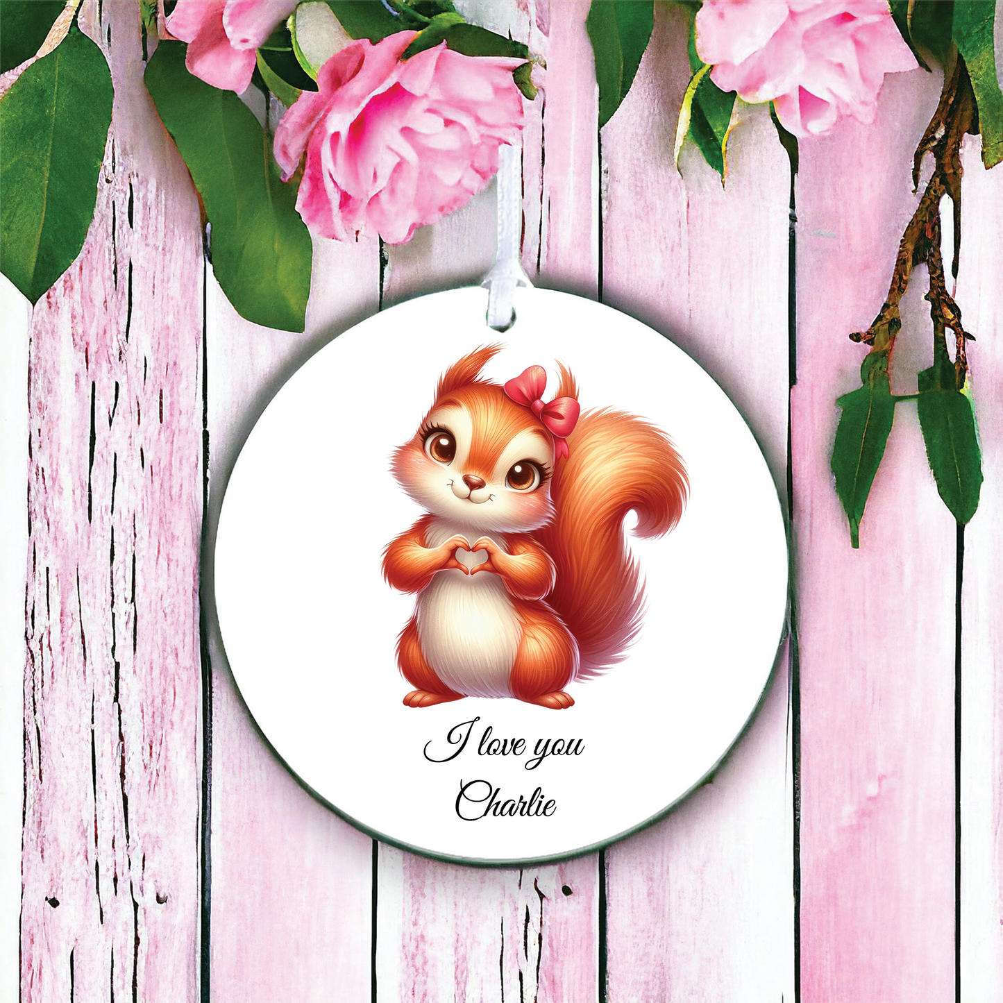 Personalised Cute Squirrel Love Heart Hand Decoration