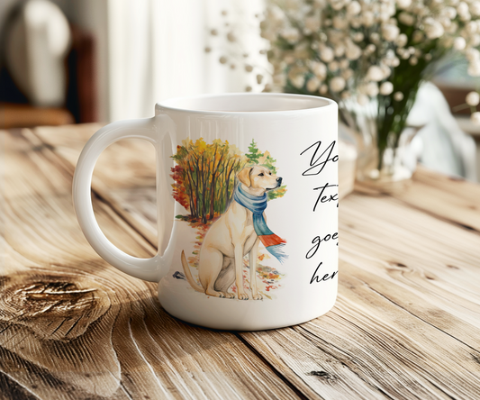 Personalised Labrador Retriever Pet Dog Gift Mug wearing an Autumn scarf on a walk