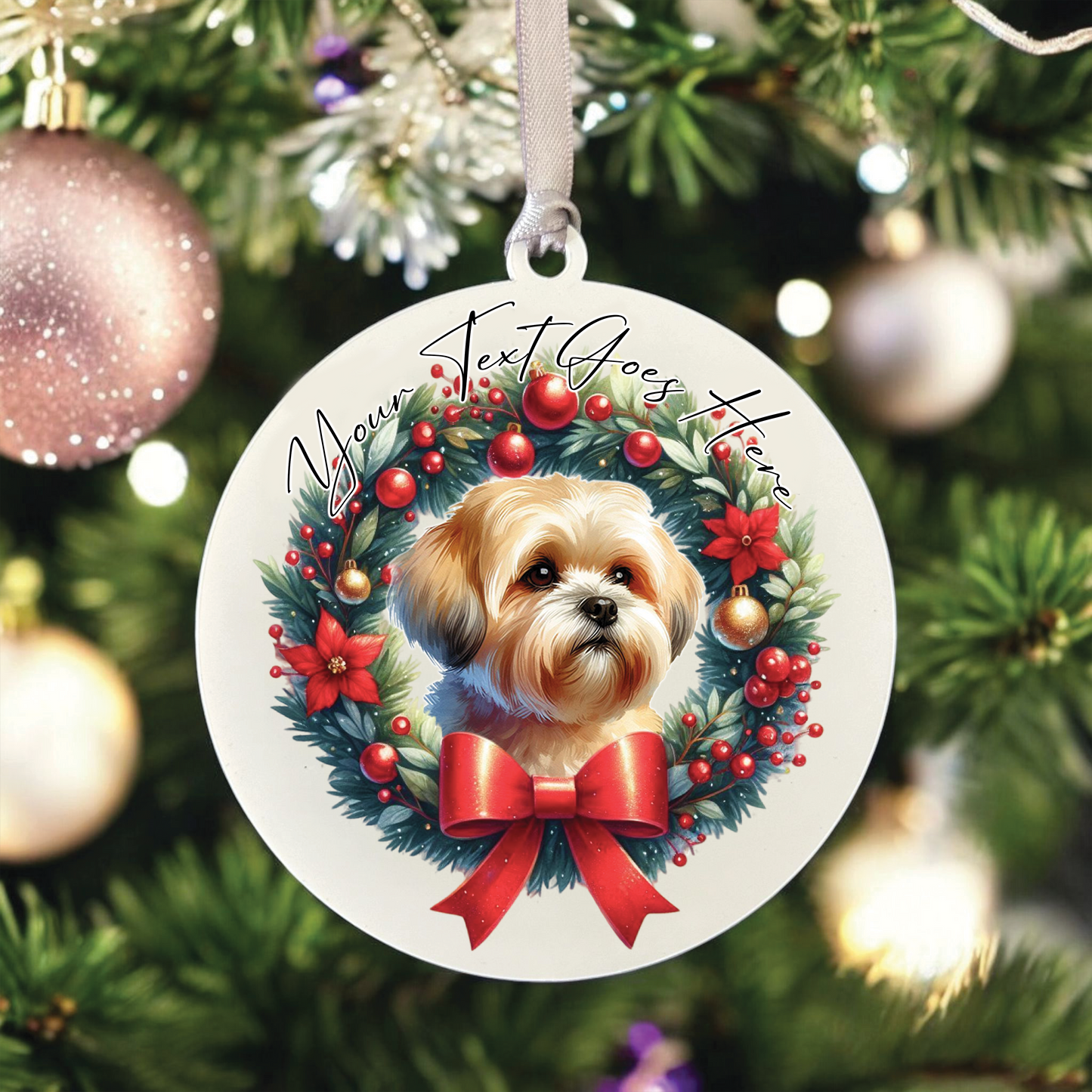 Personalised Lhasa Apso Dog Christmas Wreath - Hanging Bauble Decoration