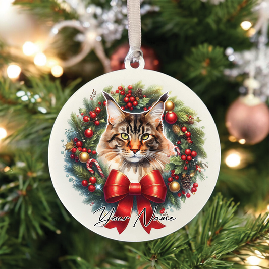 Personalised Maine Coon Cat Christmas Wreath - Hanging Bauble Decoration
