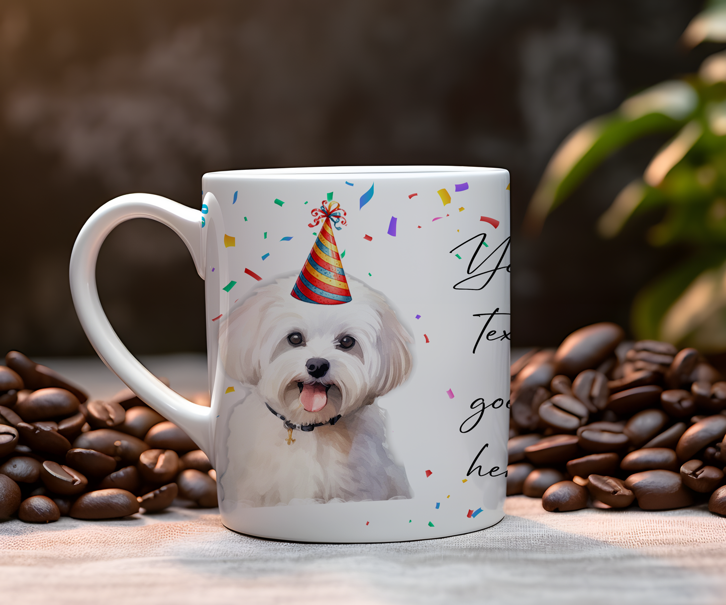 Personalised Dog Gift Mug - Maltese with Birthday Congratulations Party Hat