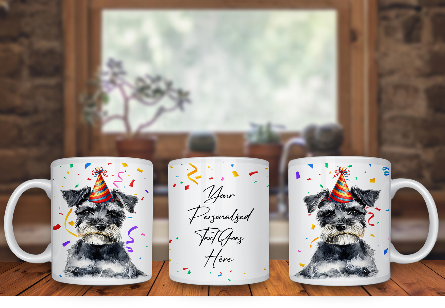 Personalised Dog Gift Mug - Miniature Schnauzer with Birthday Congratulations Party Hat