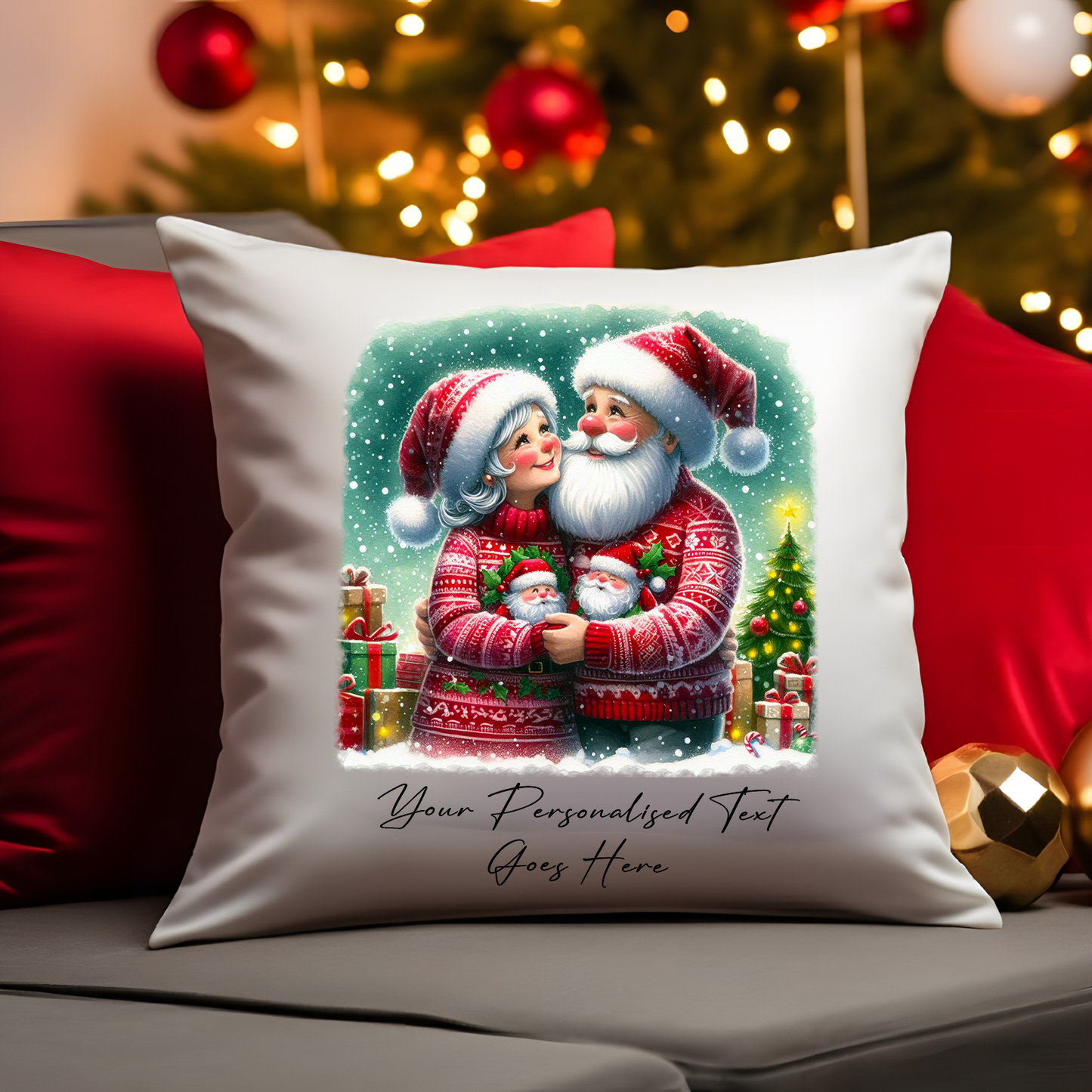 Personalised Mr and Mrs Santa Claus Couple in Christmas Jumpers - Cushion Cover Gift