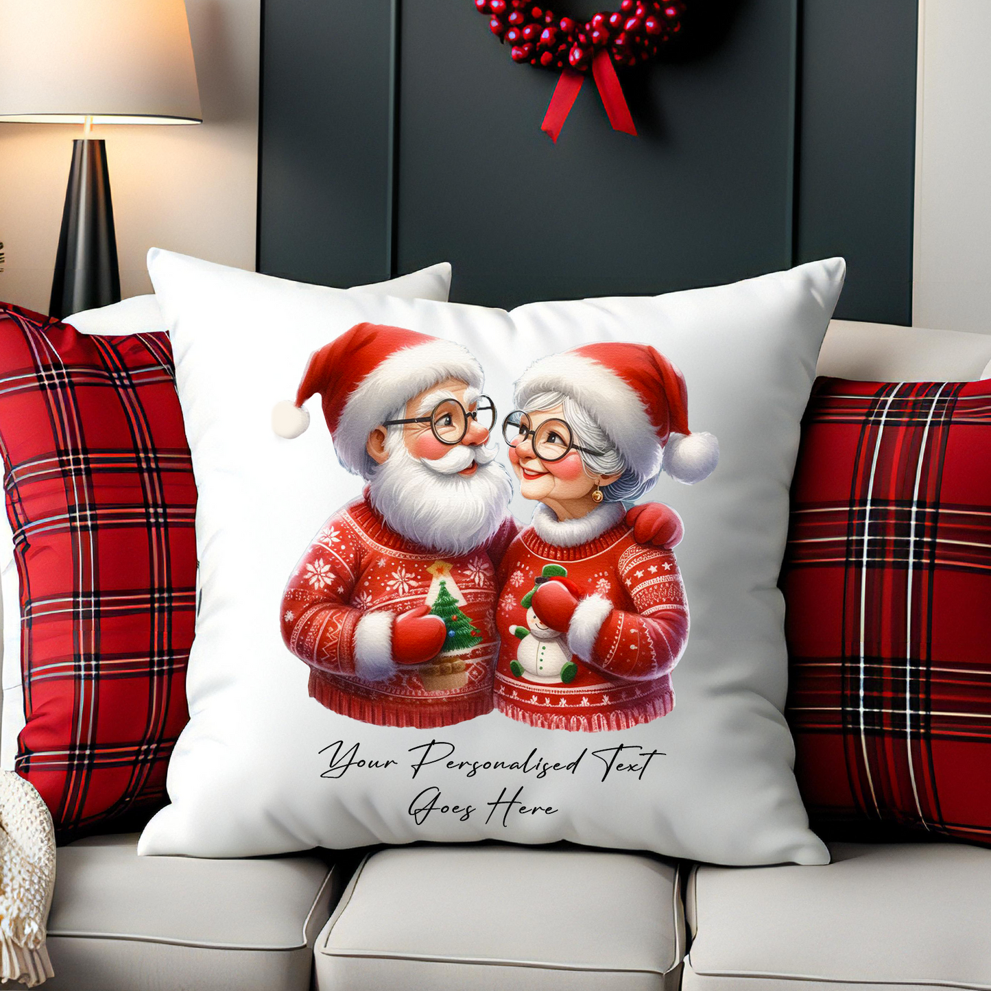 Personalised Mr and Mrs Santa Claus Couple in Christmas Jumpers - Cushion Cover Gift - Style C