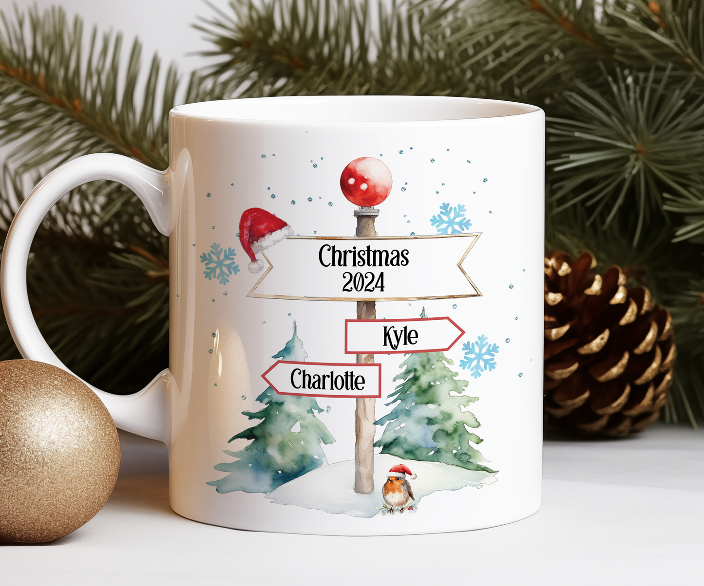 Personalised Christmas North Pole Sign Christmas with 2 Names Gift Mug