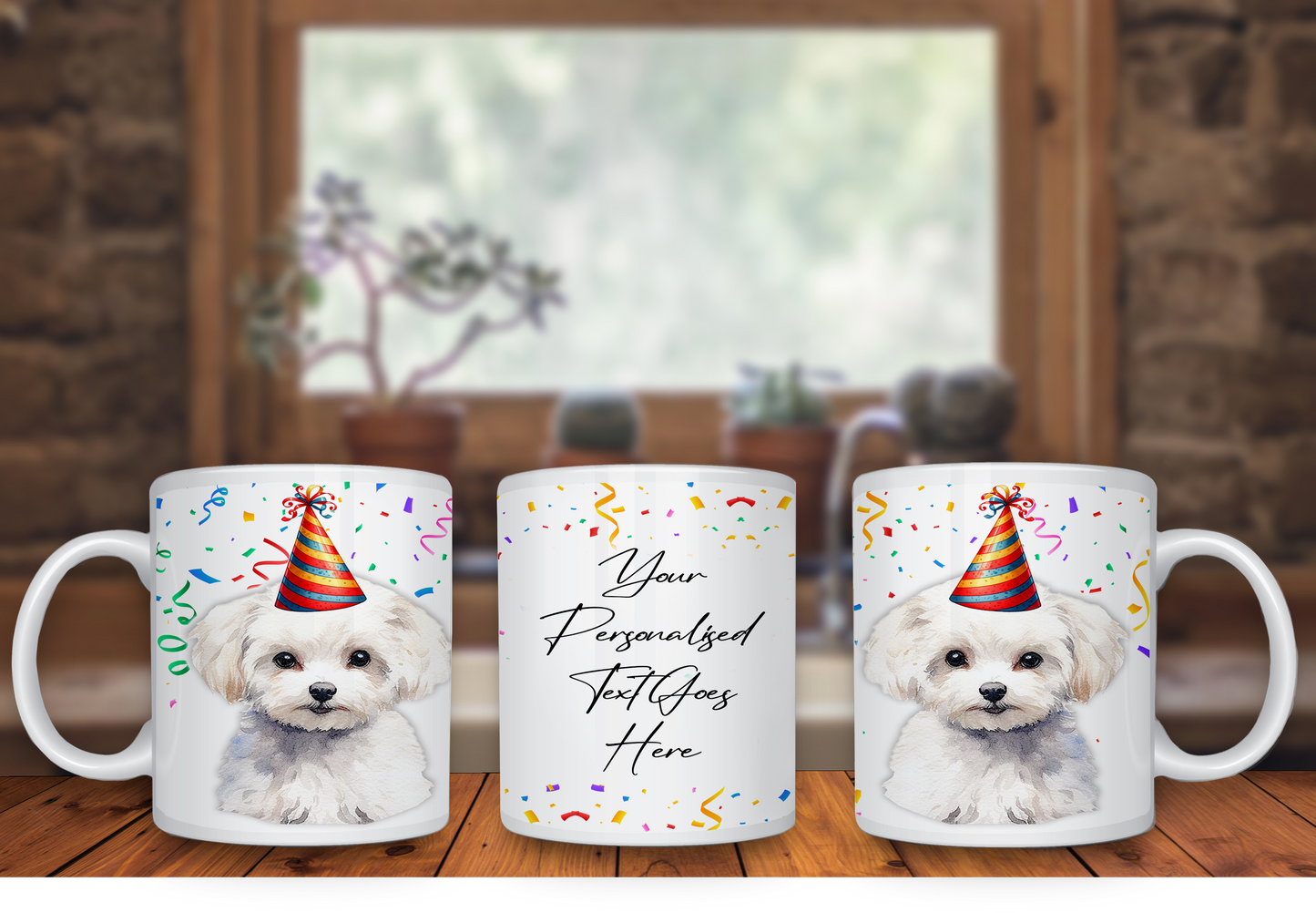 Personalised Dog Gift Mug - Bichon Frise with Birthday Congratulations Party Hat