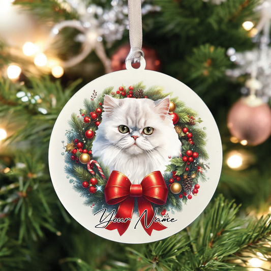 Personalised Persian Cat Christmas Wreath - Hanging Bauble Decoration
