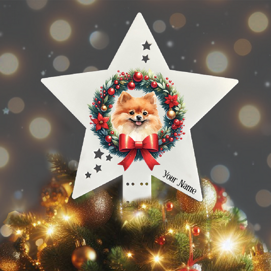 Personalised Pet Dog Pomeranian wreath Christmas Tree Topper - Keepsake Gift, by Floppsie Moppsie – floppsiemoppsie at floppsiemoppsie.co.uk