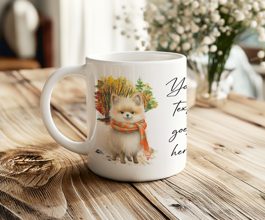 Personalised Pomeranian Pet Dog Gift Mug wearing an Autumn scarf on a walk