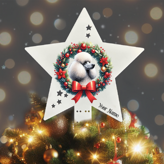 Personalised Pet Dog Poodle wreath Christmas Tree Topper - Keepsake Gift, by Floppsie Moppsie – floppsiemoppsie at floppsiemoppsie.co.uk