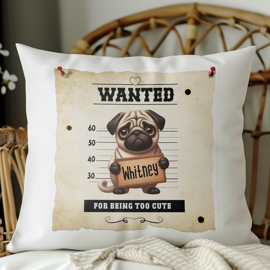 Personalised Dog WANTED Pug in a line-up - Keepsake Gift Cushion, by Floppsie Moppsie – floppsiemoppsie at floppsiemoppsie.co.uk