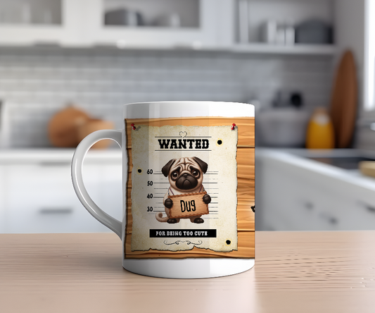 Personalised WANTED Pet Dog mug of a cute Pug on a wanted poster - Keepsake Gift, by Floppsie Moppsie – floppsiemoppsie at floppsiemoppsie.co.uk