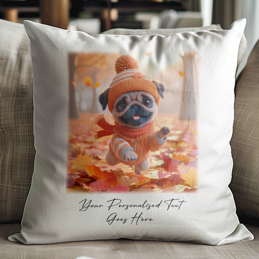 Personalised Cute Pug Playing in Autumn Leaves - Keepsake Gift Cushion, by Floppsie Moppsie – floppsiemoppsie at floppsiemoppsie.co.uk
Cozy up this Autumn with our Personalised Cushion featuring an adorable Sheep playing in autumn leaves. This charming cushion brings warmth and personality to your space with its cute design and soft, comfortable feel and customise it with a name or short message to make it uniquely yours!
This cushion is made from high-quality fabric with vibrant, fade-resistant prints th