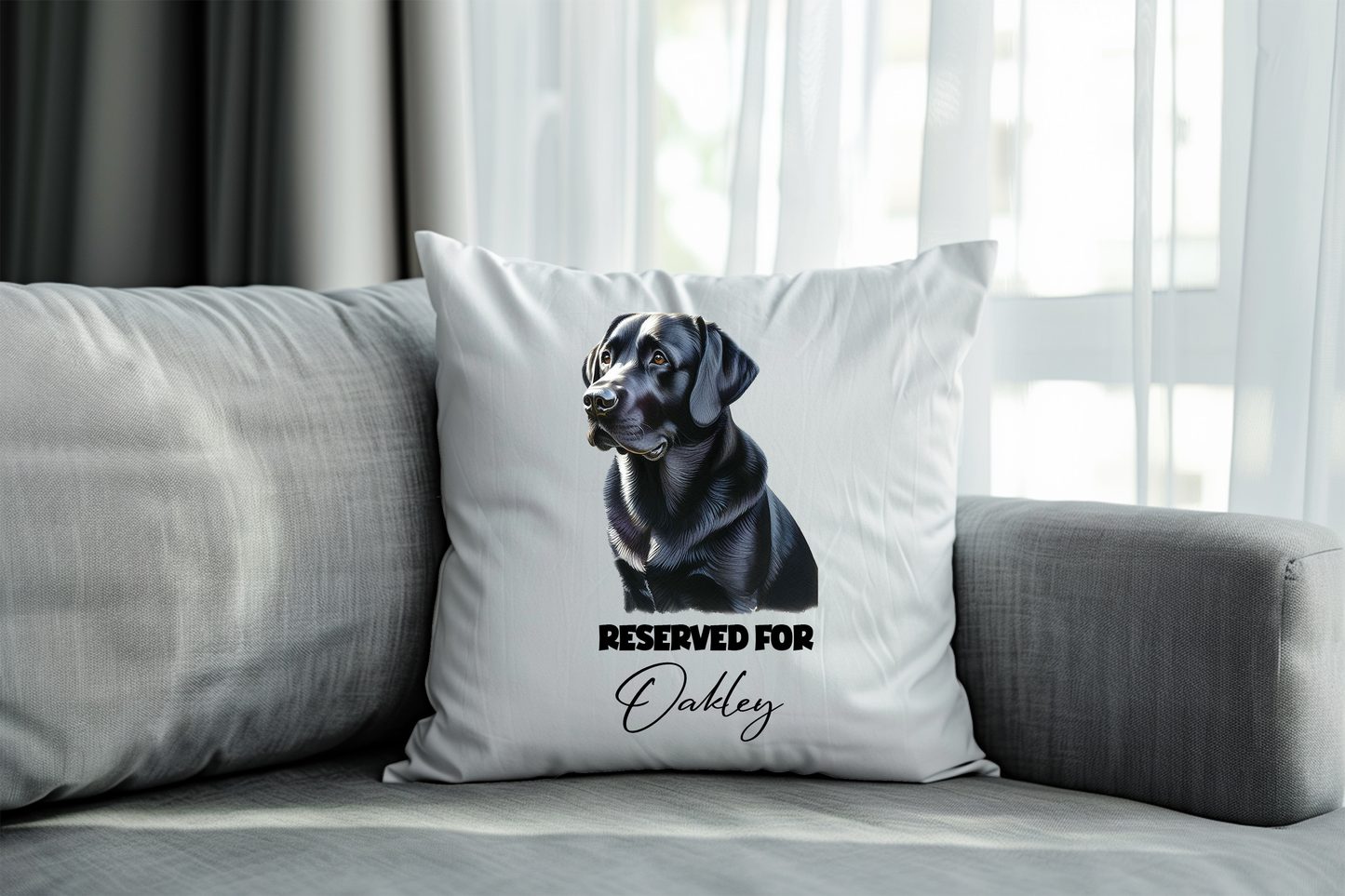 Personalised Black Labrador Reserved For Pet Dog Keepsake Cushion