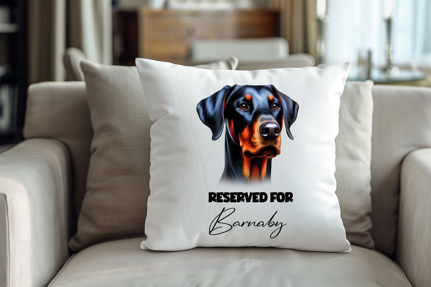 Personalised Doberman - Reserved For - Pet Dog Keepsake Cushion