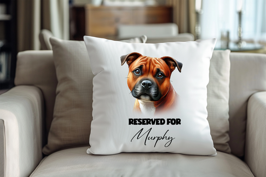 Personalised Red Staffordshire Bull Terrier - Reserved For - Pet Dog Keepsake Cushion