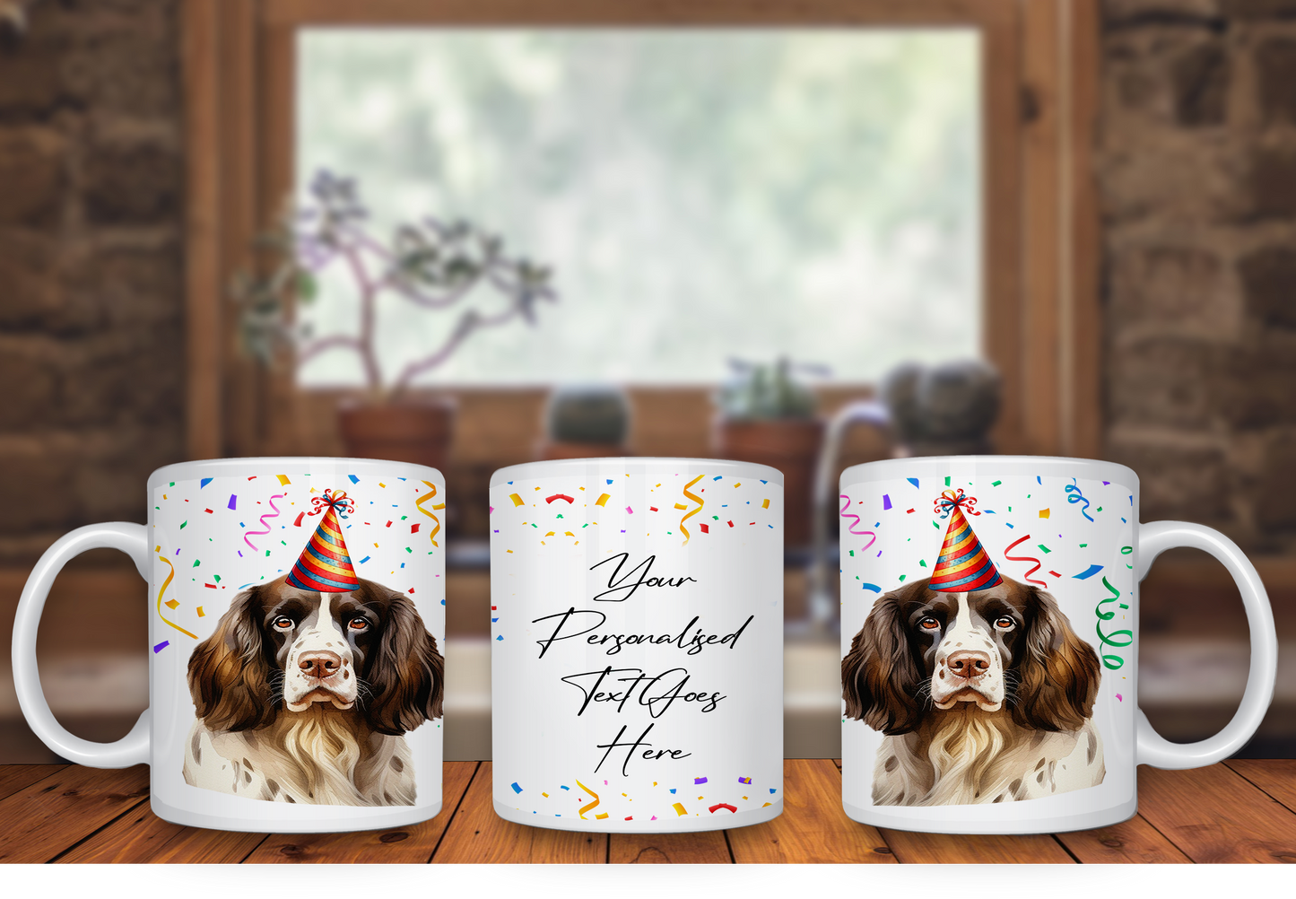 Personalised Dog Gift Mug - English Springer Spaniel with Birthday Congratulations Party Hat