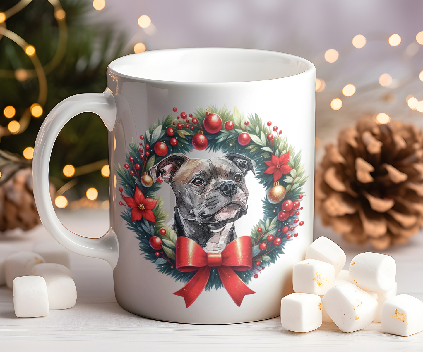 Personalised Staffordshire Bull Terrier Dog Christmas Wreath Gift Mug