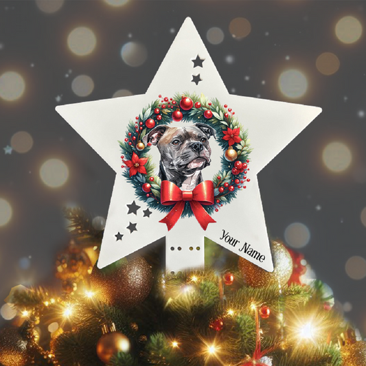 Personalised Pet Dog Staffordshire Bull Terrier wreath Christmas Tree Topper - Keepsake Gift, by Floppsie Moppsie – floppsiemoppsie at floppsiemoppsie.co.uk