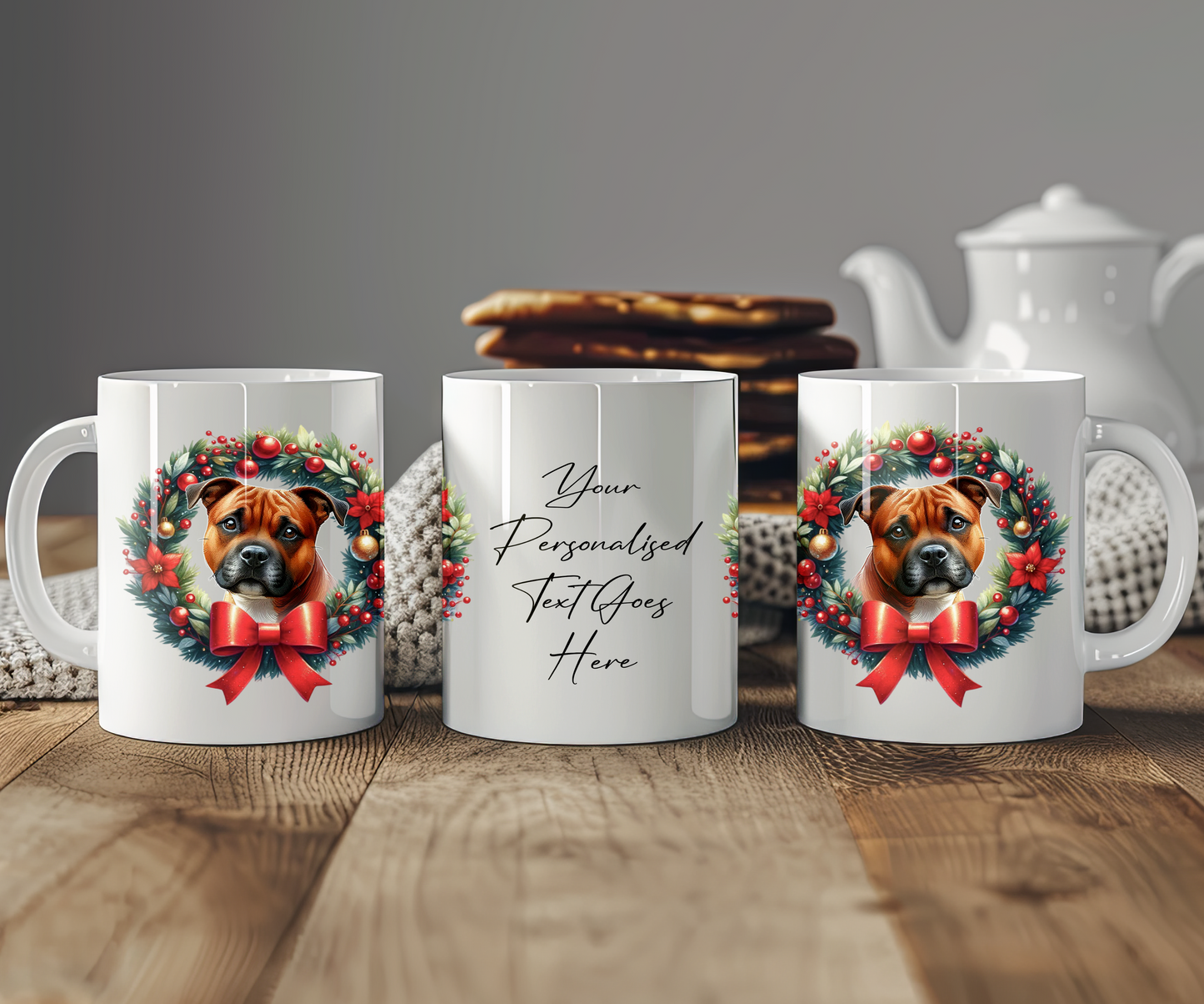 Personalised Red Staffordshire Bull Terrier Dog Christmas Wreath Gift Mug