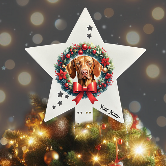 Personalised Pet Dog Vizsla wreath Christmas Tree Topper - Keepsake Gift, by Floppsie Moppsie – floppsiemoppsie at floppsiemoppsie.co.uk