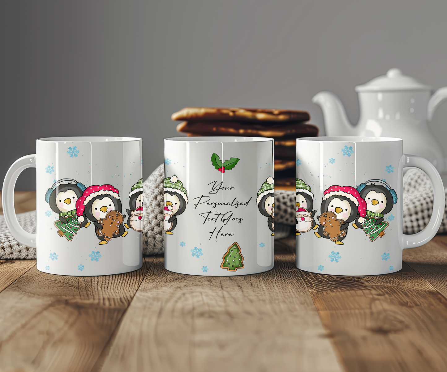Personalised Whimsical Christmas 3 Penguins - Gift Mug